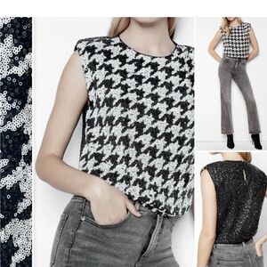 NWOT Express Black and White Sequin Houndstooth Blouse